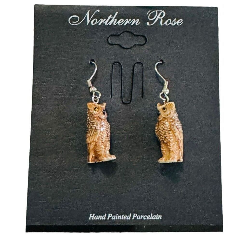 Northern Rose Porcelain Hand Painted Owl Drop Earrings JE034 NEW
